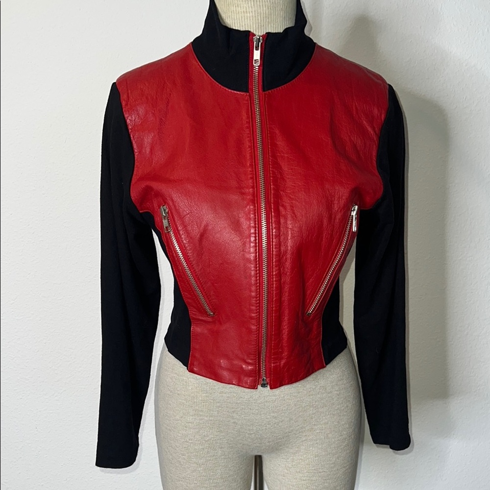 Chia Vintage Colorblock Leather and Knit Moto Jacket